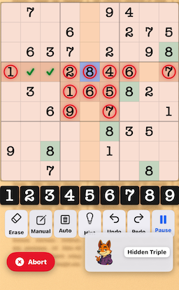 Hidden Triple example in Sudoku